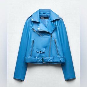BNWT  Zara Faux Leather Blue Moto Jacket - Size Small